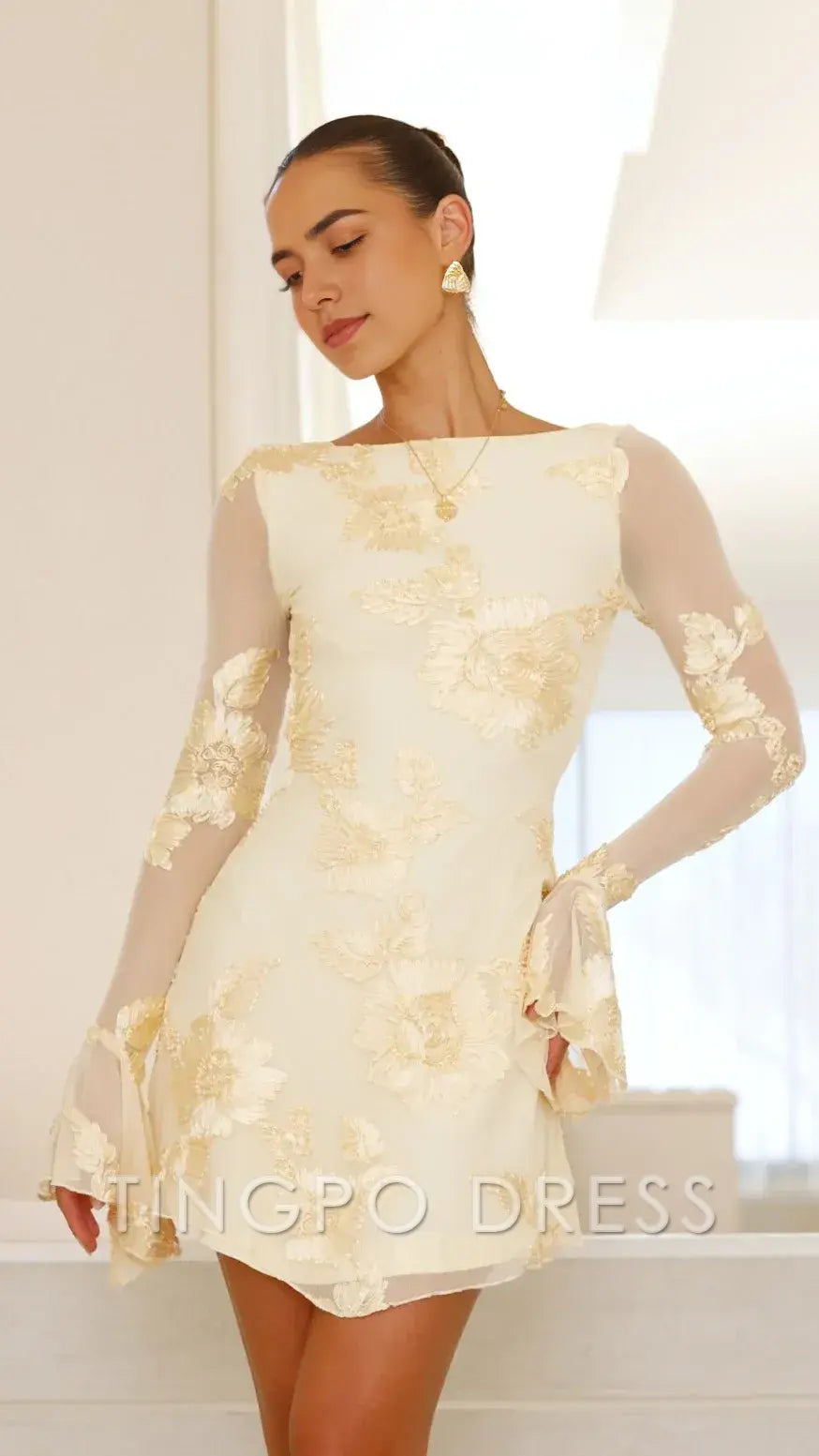 TingPo Wholesale Elegant Cream Embroidered Dress with Sheer Bell Sleeves